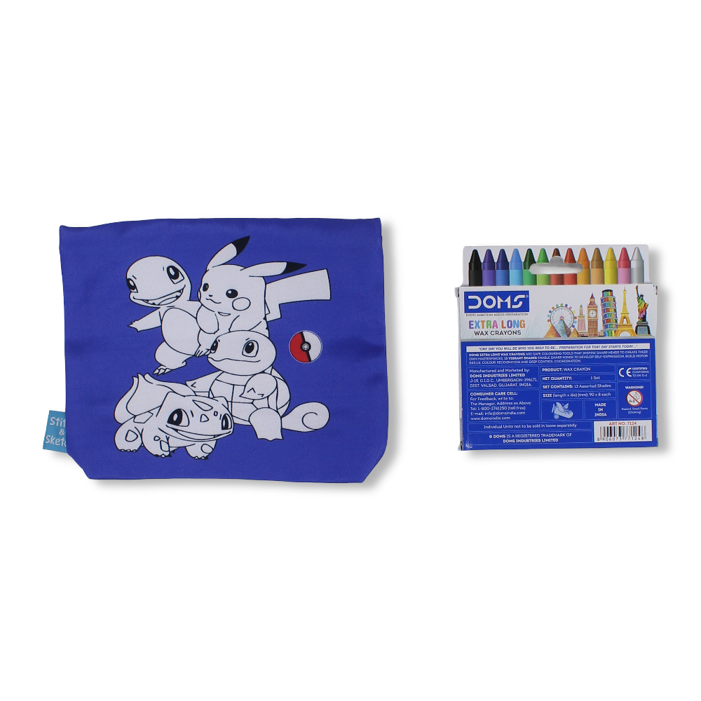 Pokemon Coloring Pencil Case with Extra Long Wax Crayons 12 Colours + 1 Silver - Toys - Stitch and Sketch
