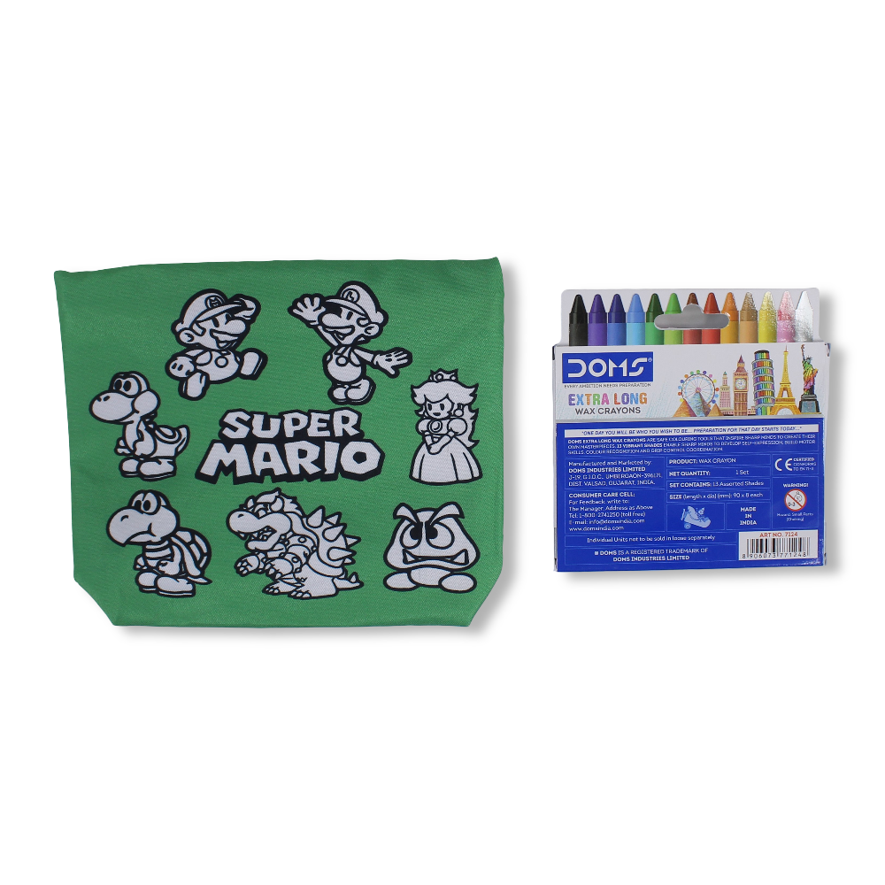 Super Mario Coloring Pencil Case with Extra Long Wax Crayons 12 Colours + 1 Silver - Stitch and Sketch
