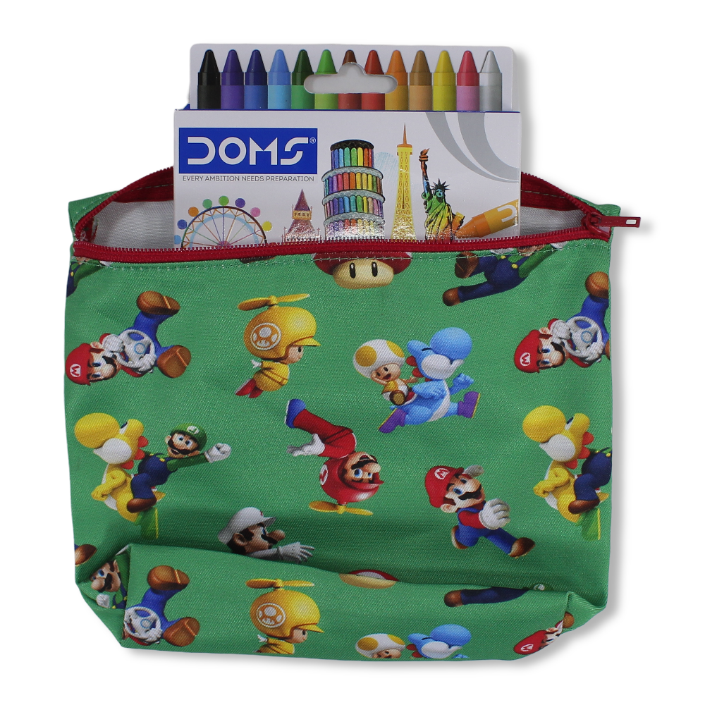 Super Mario Coloring Pencil Case with Extra Long Wax Crayons 12 Colours + 1 Silver