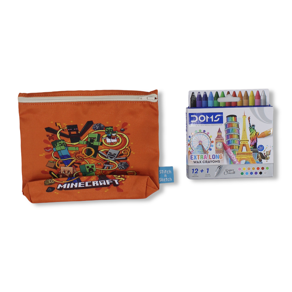 Minecraft Coloring Pencil Case with Extra Long Wax Crayons 12 Colours + 1 Silver