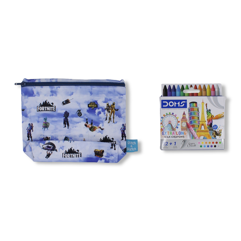 Fortnite Coloring Pencil Case with Extra Long Wax Crayons 12 Colours + 1 Silver