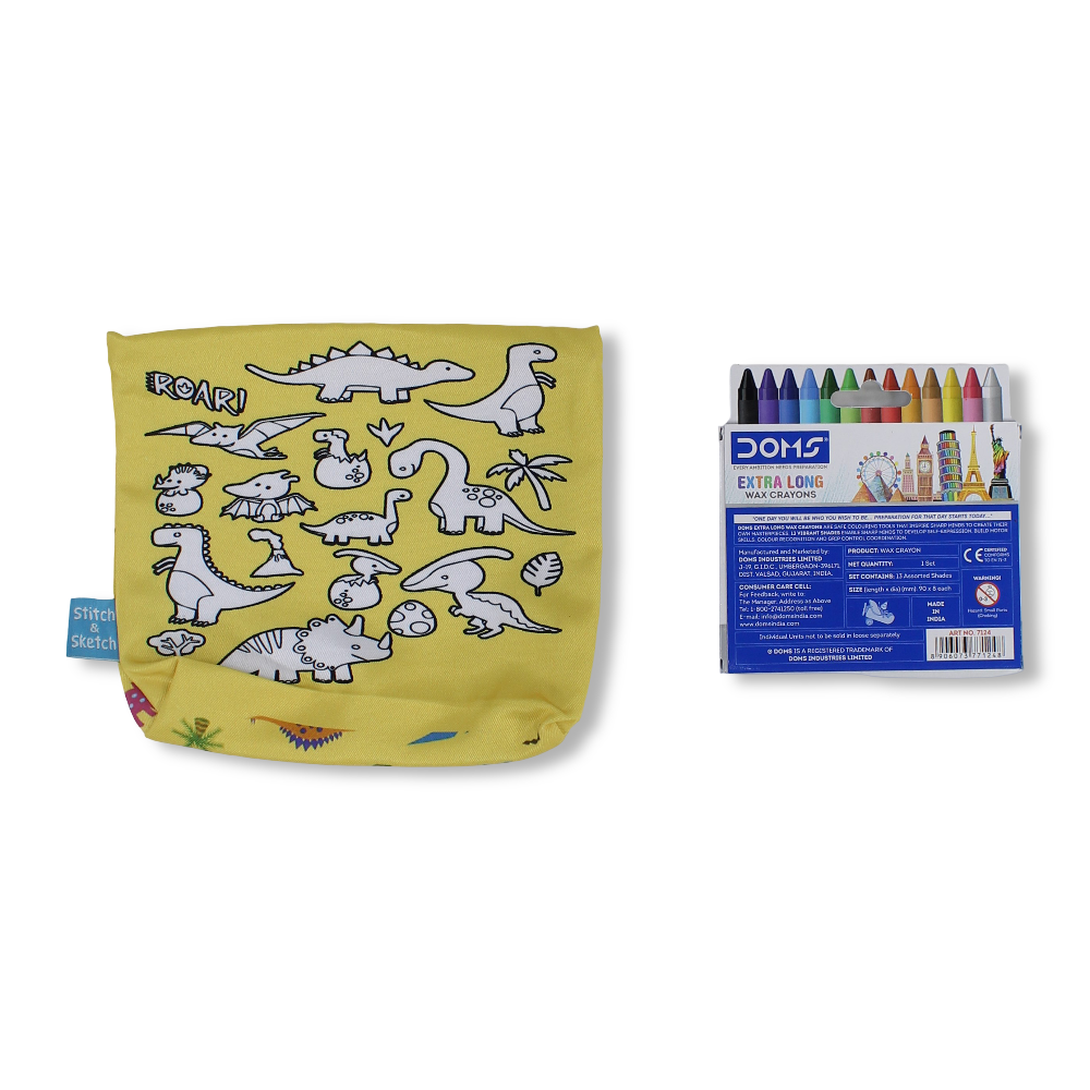 Dino Coloring Pencil Case with Extra Long Wax Crayons 12 Colours + 1 Silver
