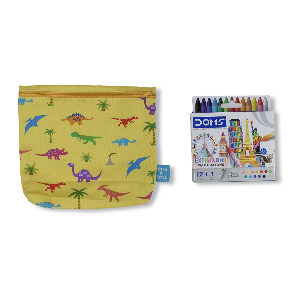 Dino Coloring Pencil Case with Extra Long Wax Crayons 12 Colours + 1 Silver