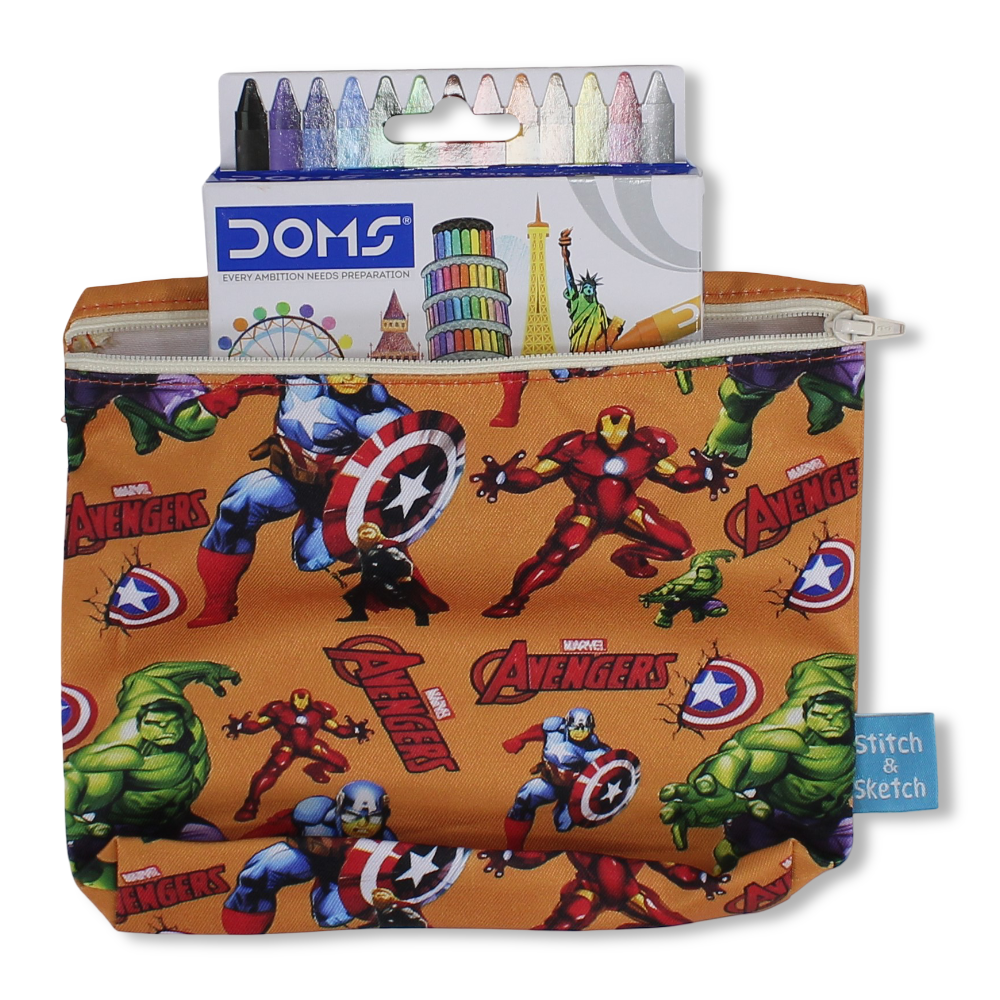 Avengers Coloring Pencil Case with Extra Long Wax Crayons 12 Colours + 1 Silver