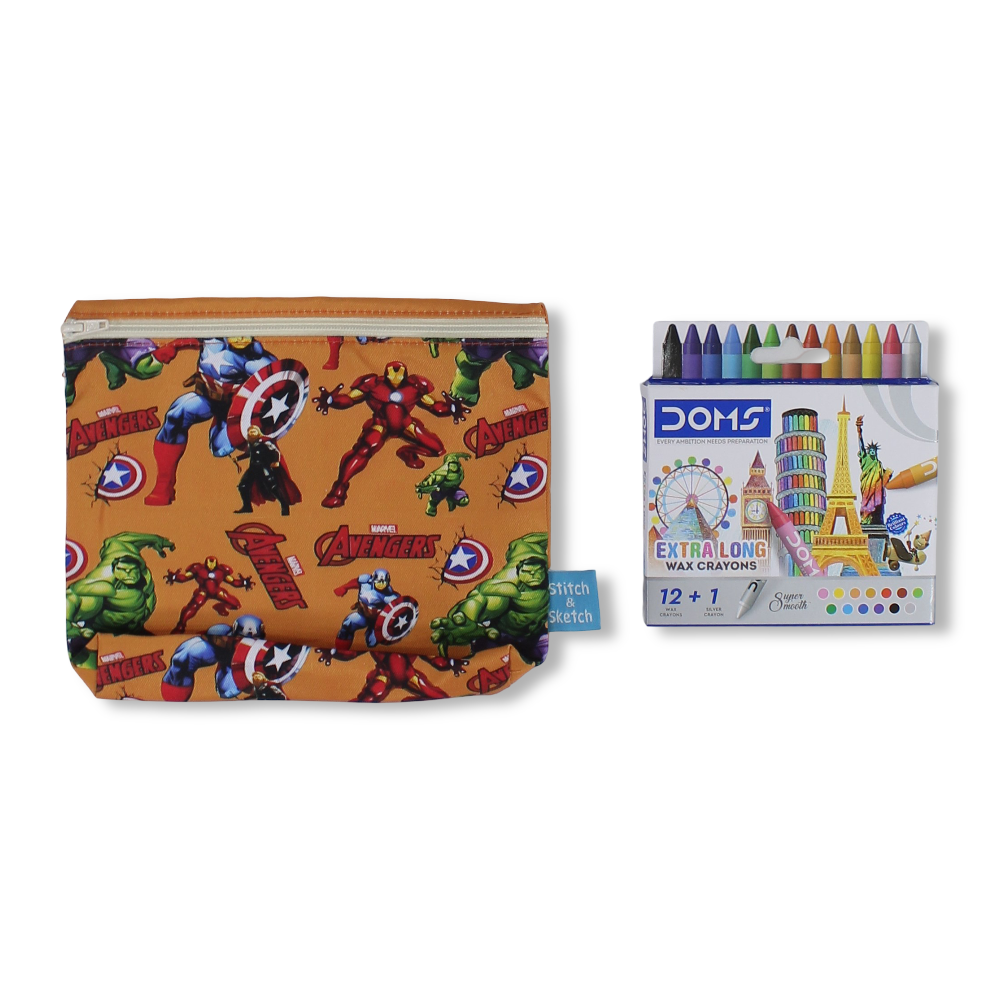 Avengers Coloring Pencil Case with Extra Long Wax Crayons 12 Colours + 1 Silver
