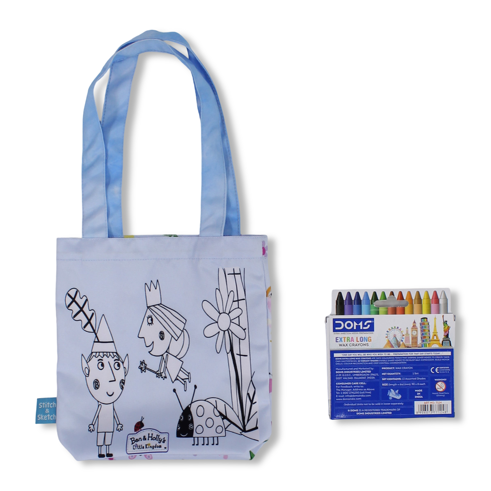 Ben & Holly Small Coloring Tote Bag with Extra Long Wax Crayons 12 Colours + 1 Silver - Stitch and Sketch