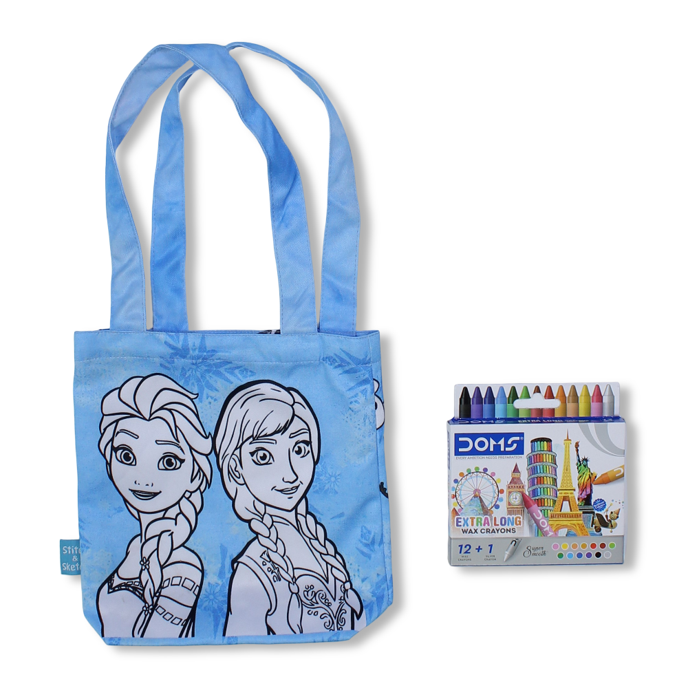 Frozen Small Coloring Tote Bag with Extra Long Wax Crayons 12 Colours + 1 Silver