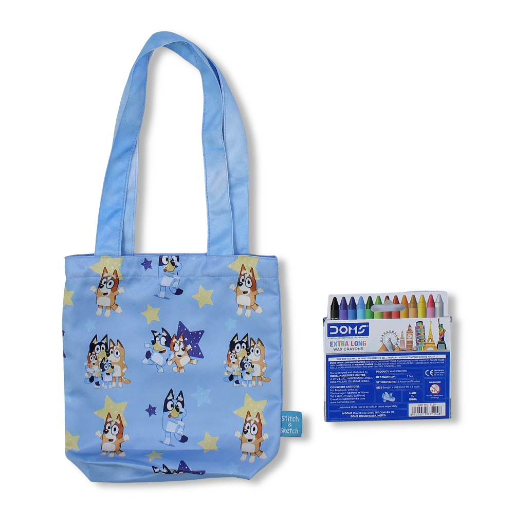 Bluey Small Coloring Tote Bag with Extra Long Wax Crayons 12 Colours + 1 Silver