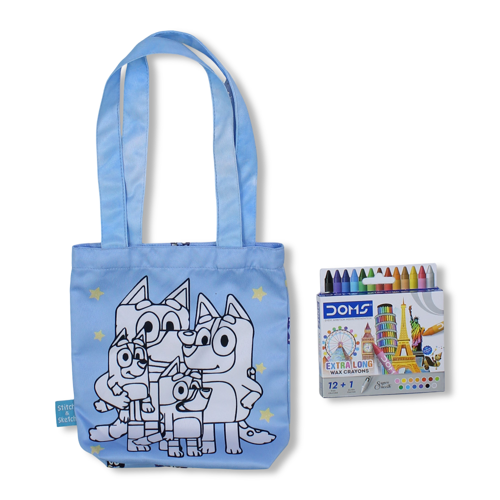 Bluey Small Coloring Tote Bag with Extra Long Wax Crayons 12 Colours + 1 Silver