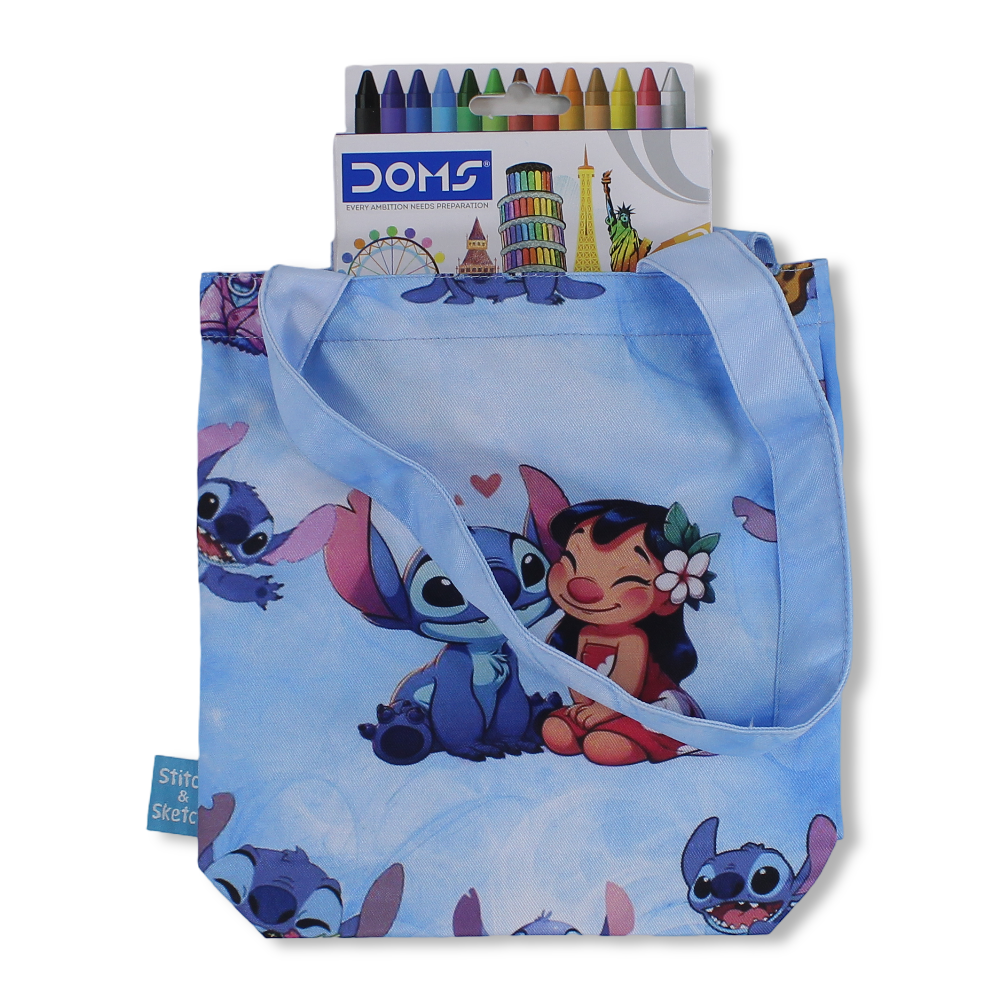 Stitch Small Coloring Tote Bag with Extra Long Wax Crayons 12 Colours + 1 Silver
