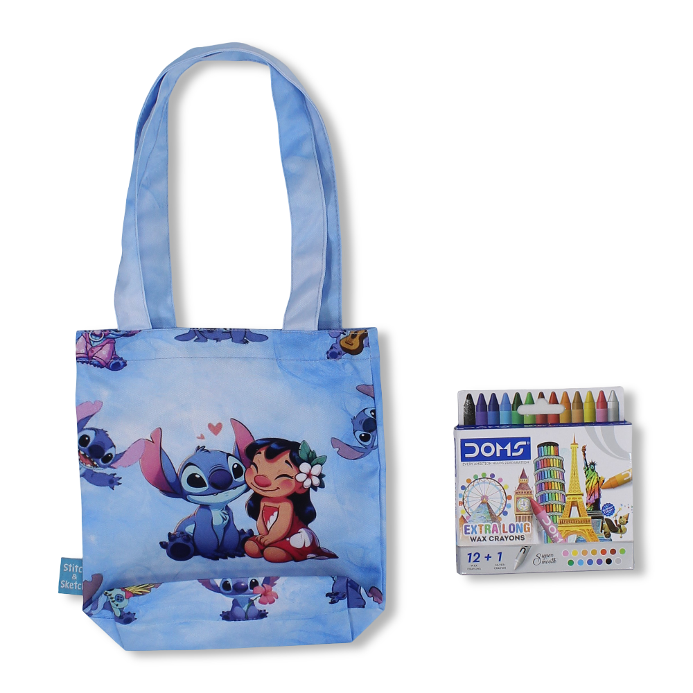 Stitch Small Coloring Tote Bag with Extra Long Wax Crayons 12 Colours + 1 Silver