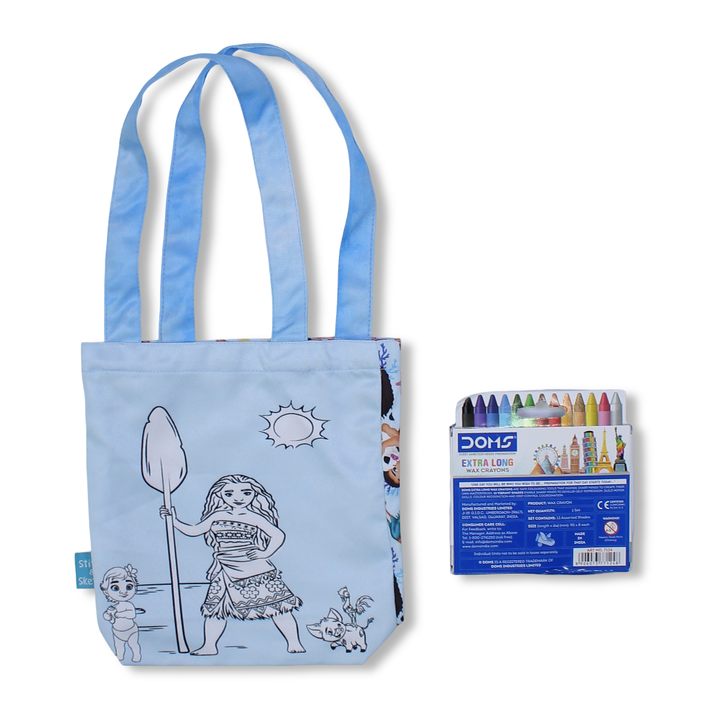 Moana Small Coloring Tote Bag with Extra Long Wax Crayons 12 Colours + 1 Silver - Toys - Stitch and Sketch