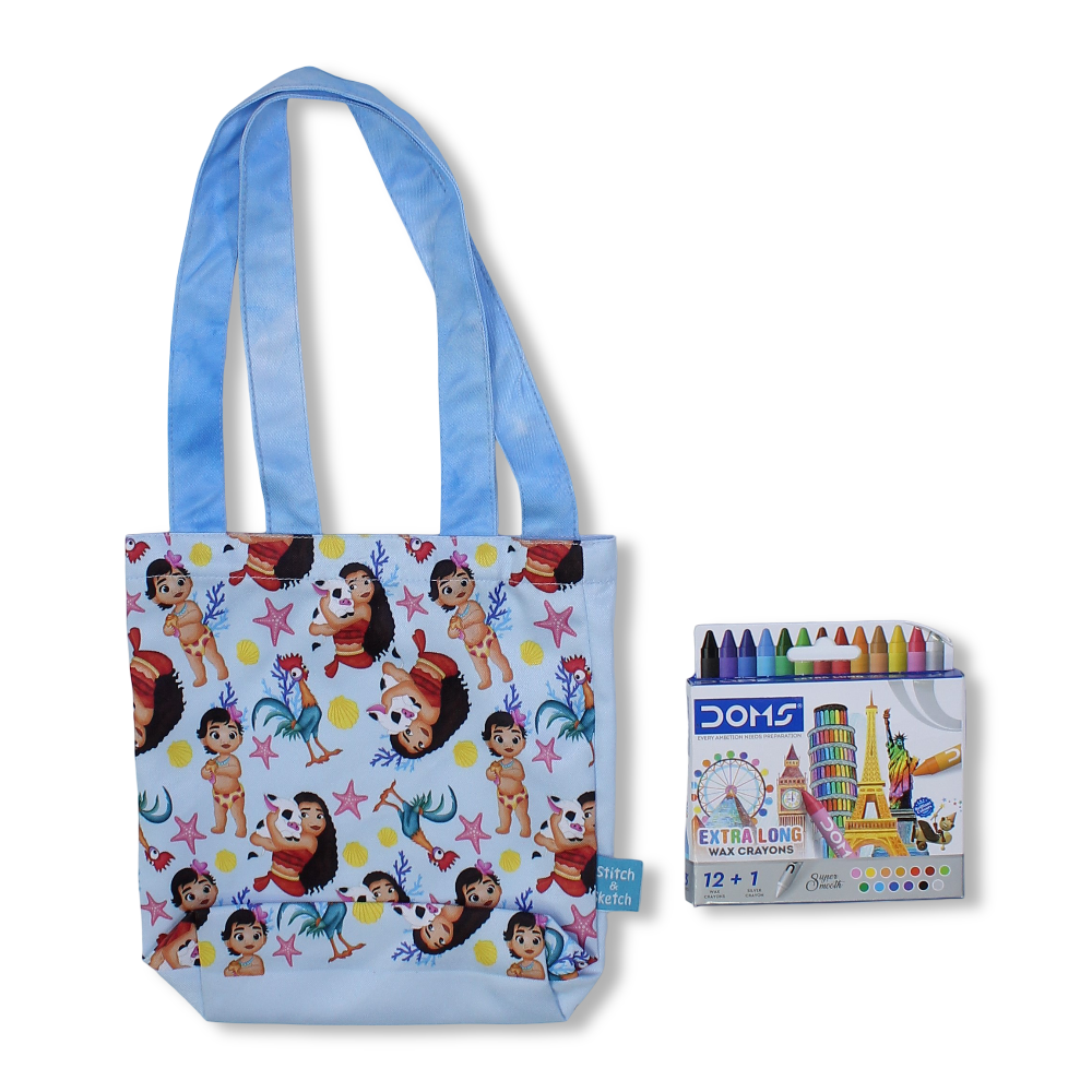 Moana Small Coloring Tote Bag with Extra Long Wax Crayons 12 Colours + 1 Silver