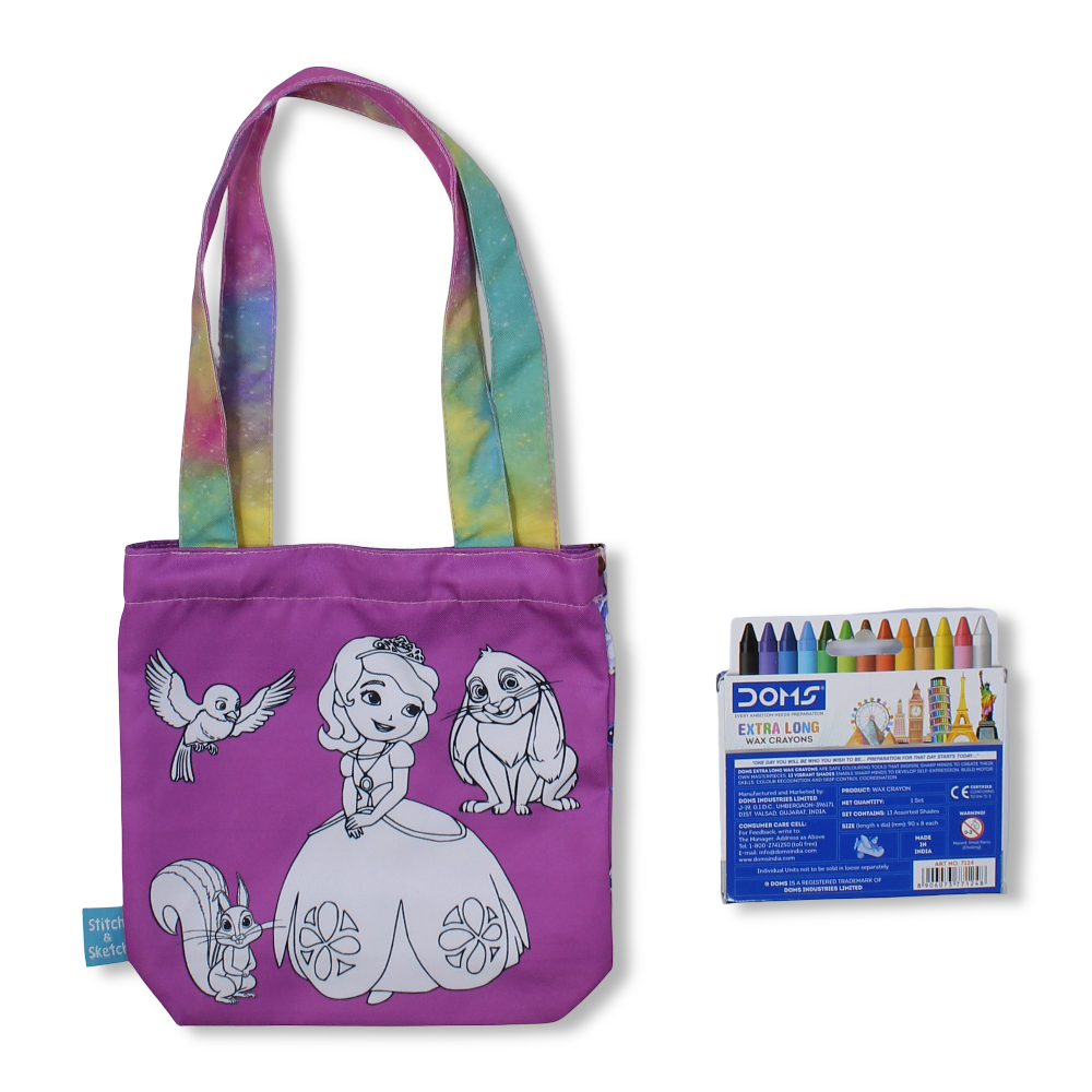 Sofia Small Coloring Tote Bag with Extra Long Wax Crayons 12 Colours + 1 Silver