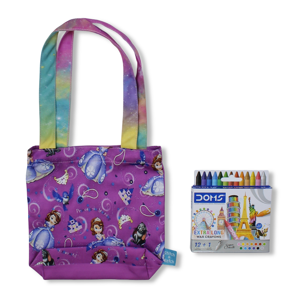 Sofia Small Coloring Tote Bag with Extra Long Wax Crayons 12 Colours + 1 Silver