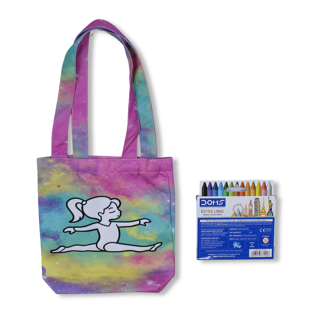 Gymnastics Small Coloring Tote Bag with Extra Long Wax Crayons 12 Colours + 1 Silver