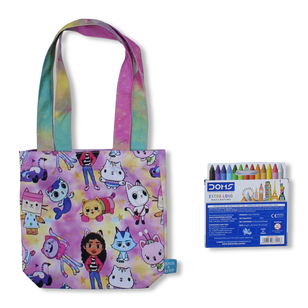 Gabby’s Small Coloring Tote Bag with Extra Long Wax Crayons 12 Colours + 1 Silver