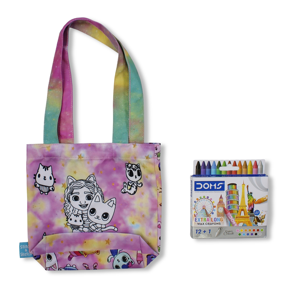 Gabby’s Small Coloring Tote Bag with Extra Long Wax Crayons 12 Colours + 1 Silver