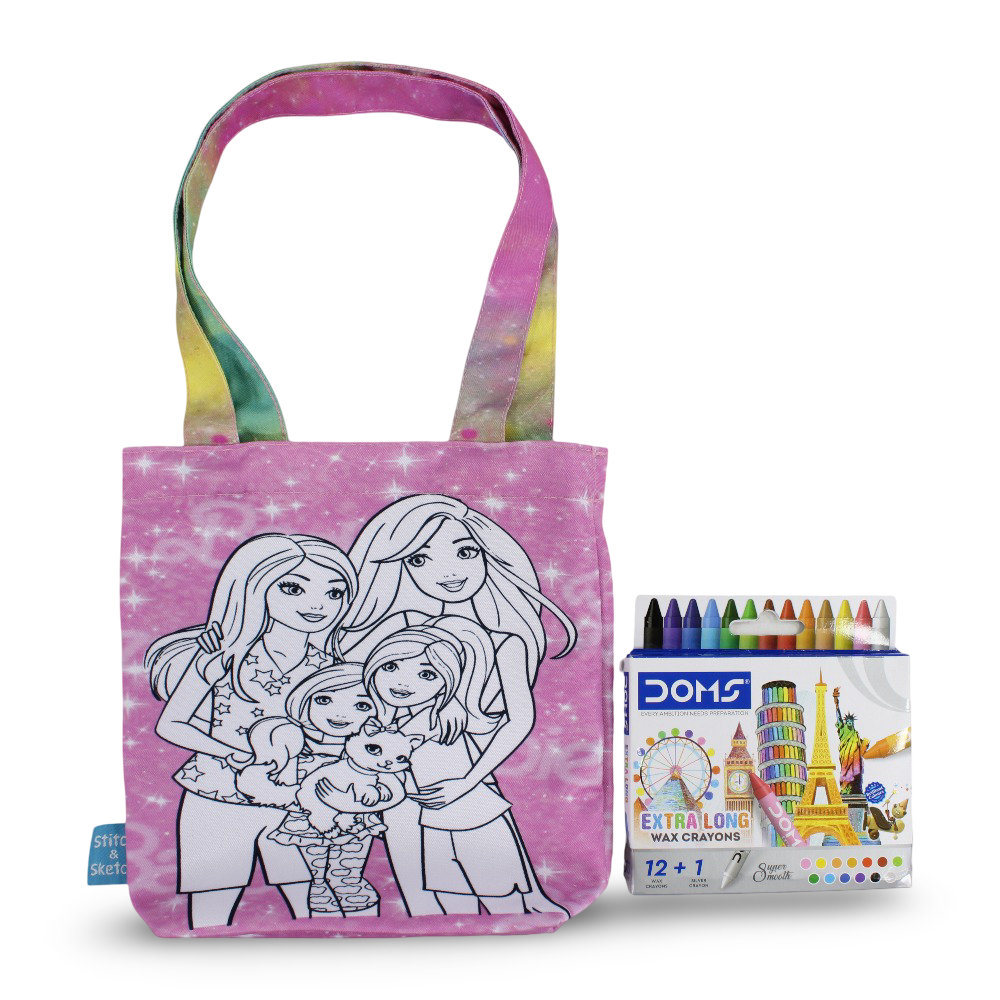 Barbie Small Coloring Tote Bag with Extra Long Wax Crayons 12 Colours + 1 Silver - Stitch and Sketch
