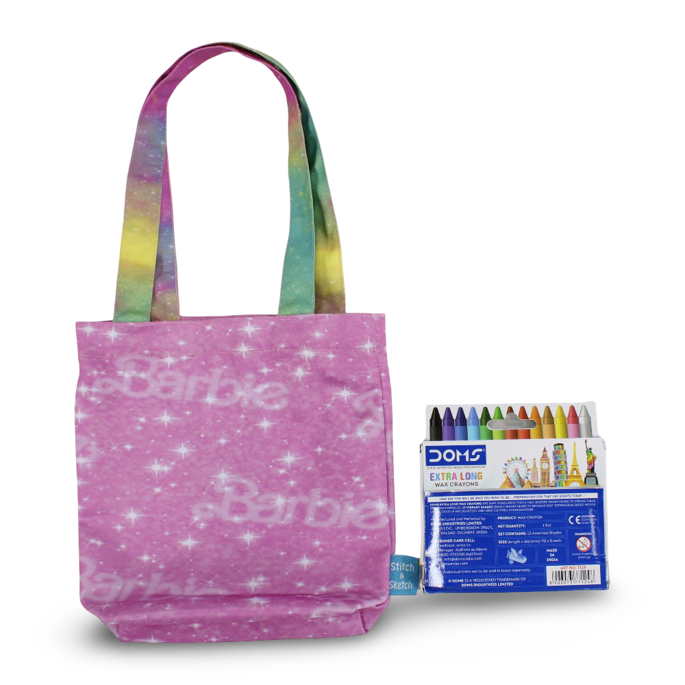 Barbie Small Coloring Tote Bag with Extra Long Wax Crayons 12 Colours + 1 Silver