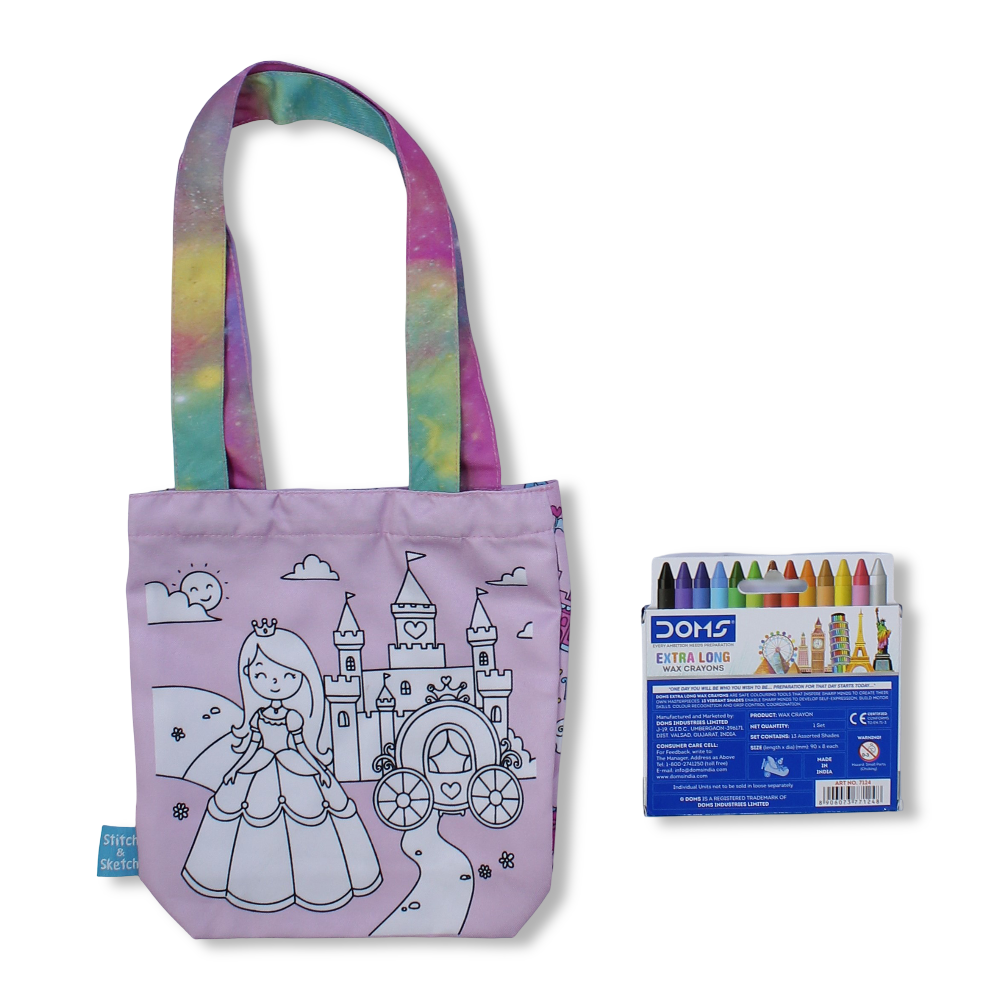 Castle Small Coloring Tote Bag with Extra Long Wax Crayons 12 Colours + 1 Silver