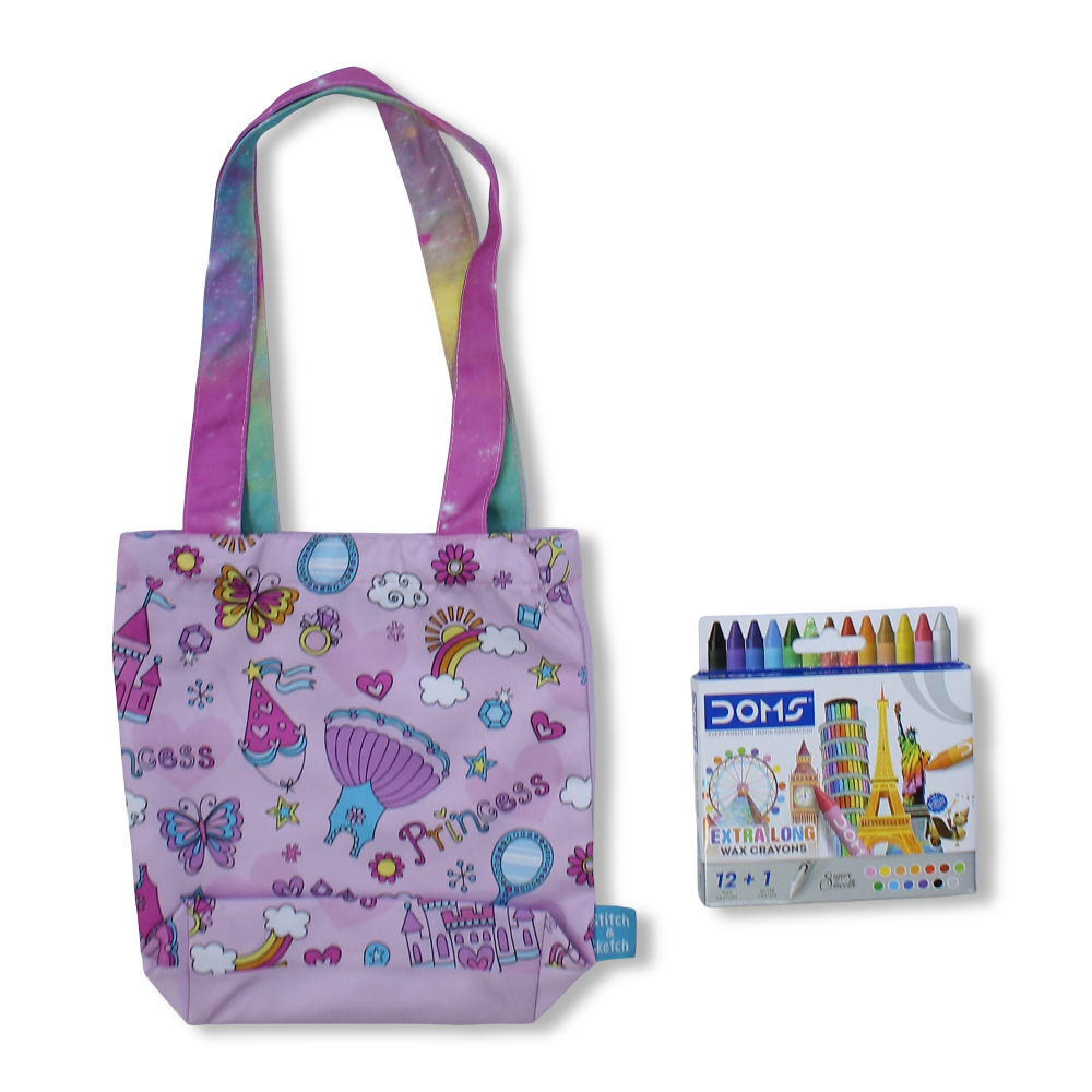 Castle Small Coloring Tote Bag with Extra Long Wax Crayons 12 Colours + 1 Silver