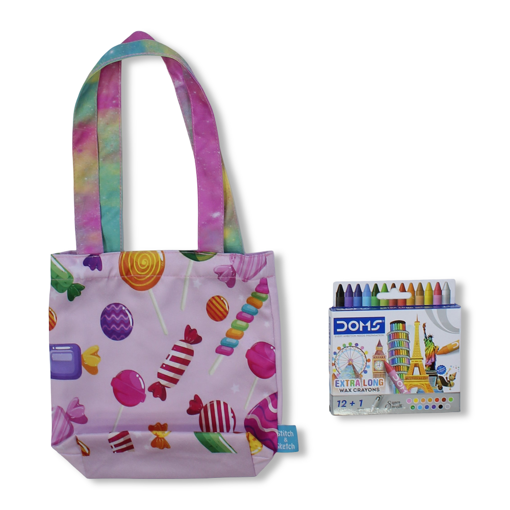 Candies Small Coloring Tote Bag with Extra Long Wax Crayons 12 Colours + 1 Silver