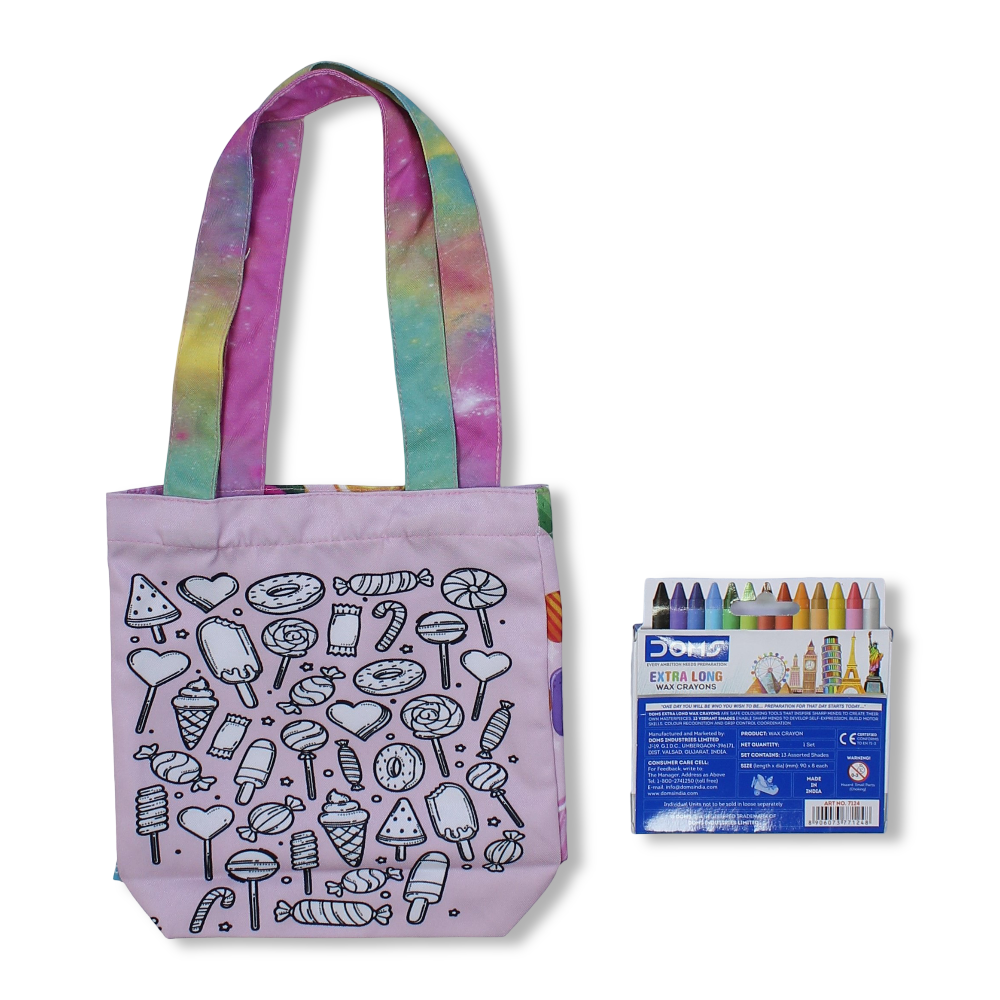 Candies Small Coloring Tote Bag with Extra Long Wax Crayons 12 Colours + 1 Silver