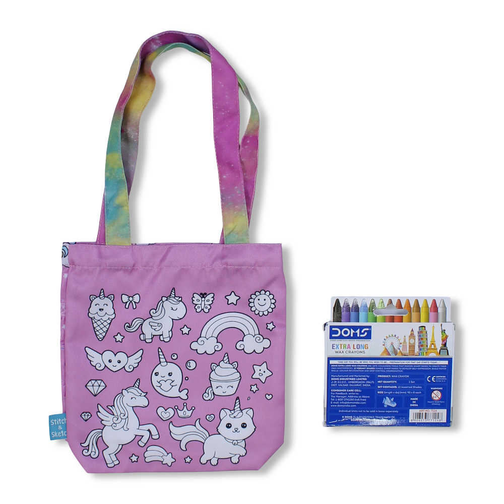 Unicorn Small Coloring Tote Bag with Extra Long Wax Crayons 12 Colours + 1 Silver - Stitch and Sketch