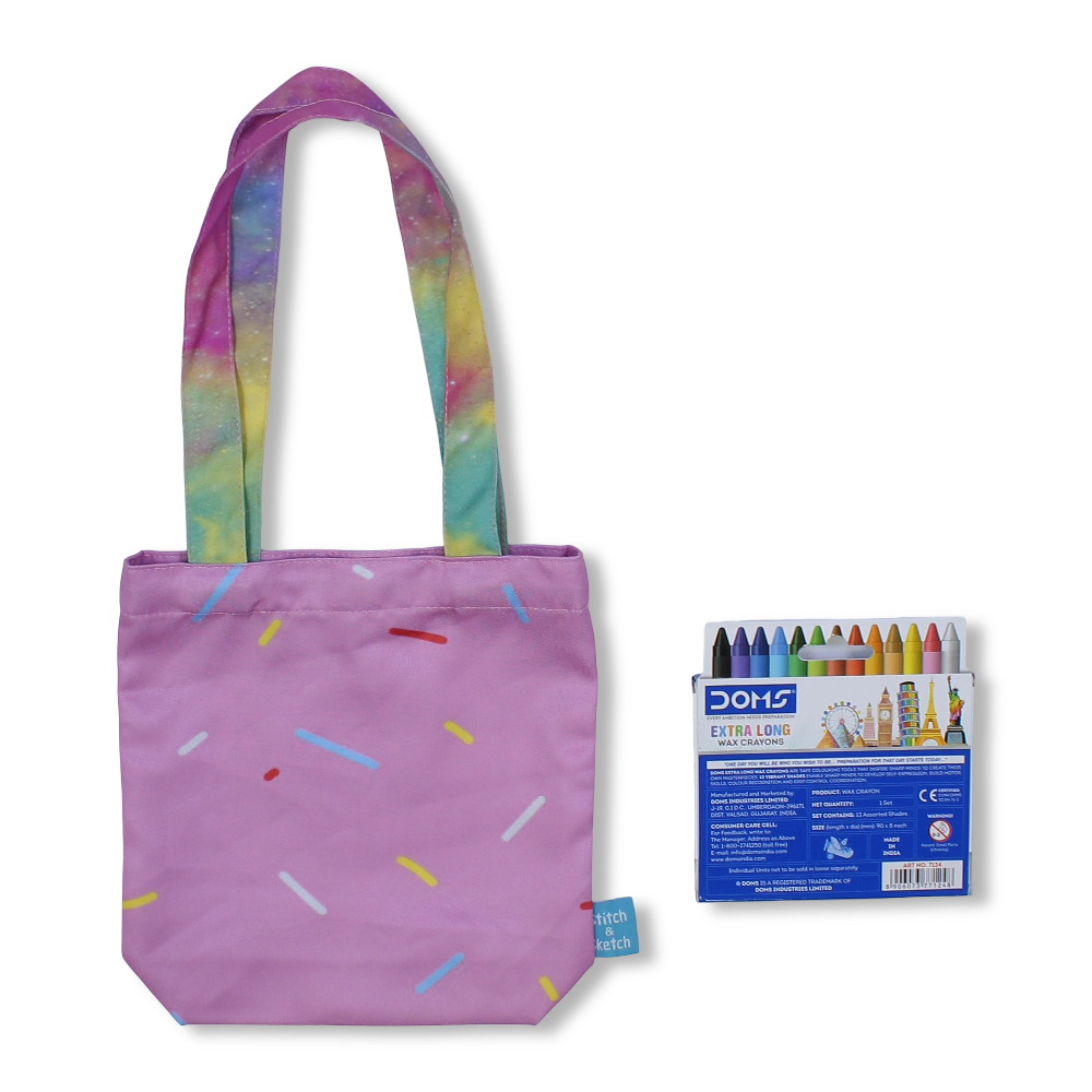 Donuts Small Coloring Tote Bag with Extra Long Wax Crayons 12 Colours + 1 Silver