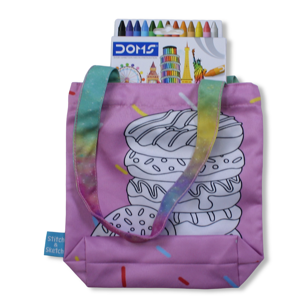 Donuts Small Coloring Tote Bag with Extra Long Wax Crayons 12 Colours + 1 Silver