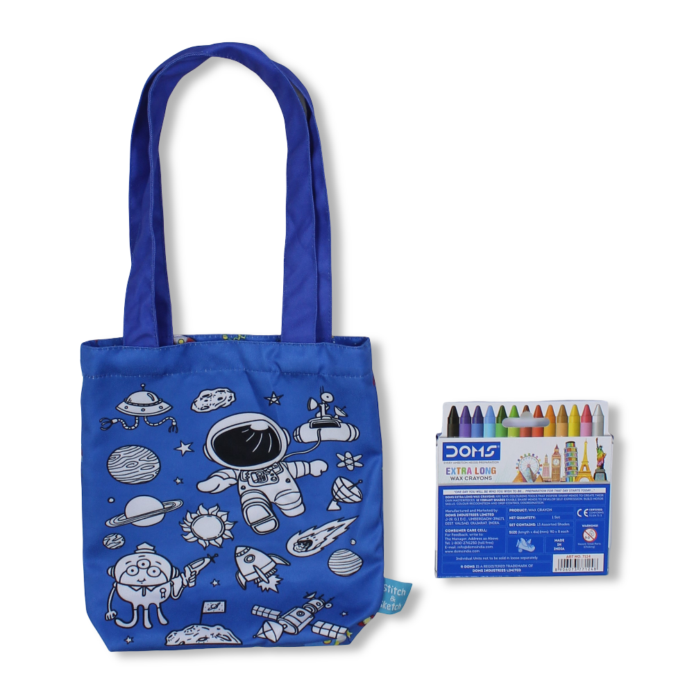 Space Small Coloring Tote Bag with Extra Long Wax Crayons 12 Colours + 1 Silver - Toys - Stitch and Sketch