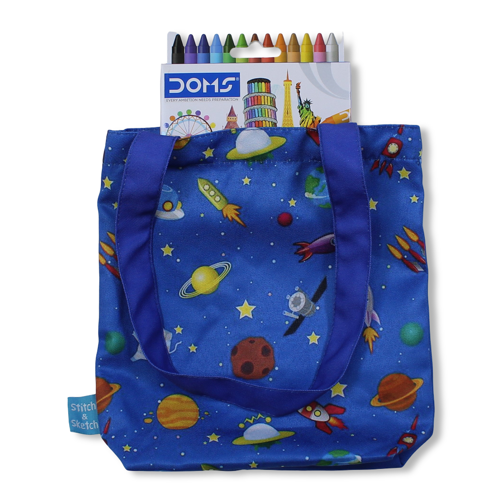 Space Small Coloring Tote Bag with Extra Long Wax Crayons 12 Colours + 1 Silver
