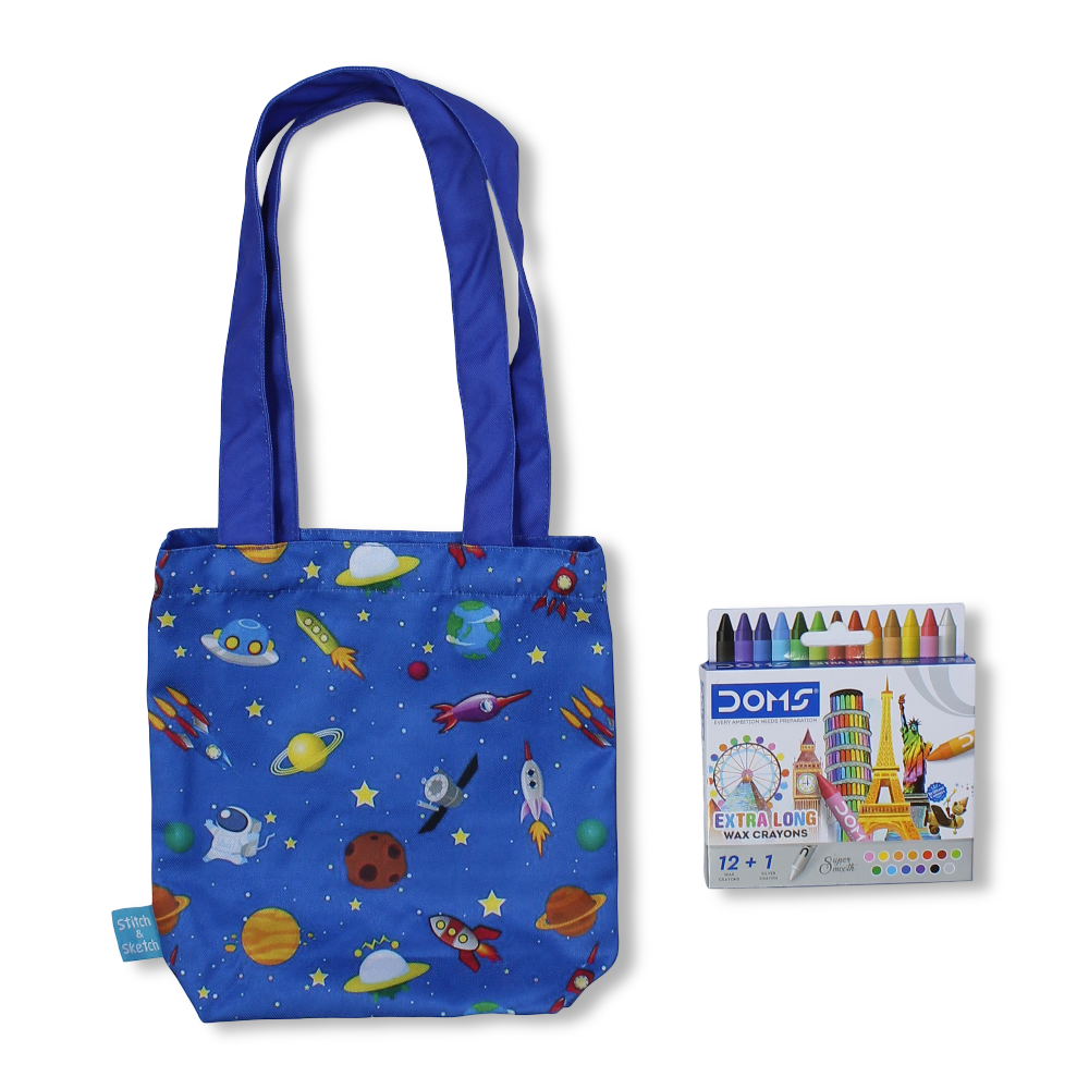Space Small Coloring Tote Bag with Extra Long Wax Crayons 12 Colours + 1 Silver