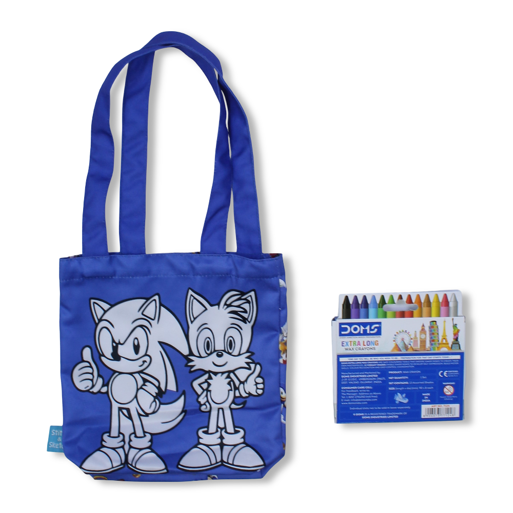 Sonic Small Coloring Tote Bag with Extra Long Wax Crayons 12 Colours + 1 Silver