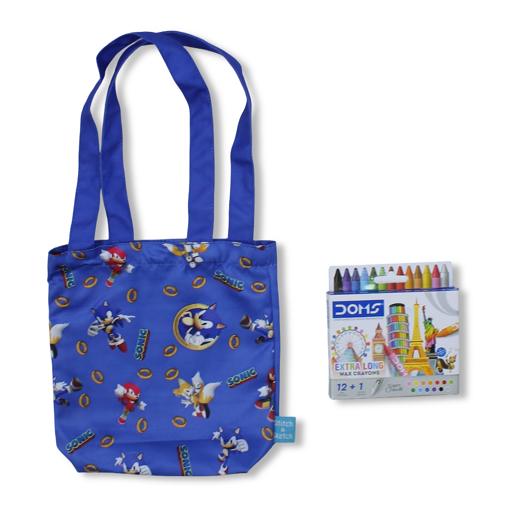 Sonic Small Coloring Tote Bag with Extra Long Wax Crayons 12 Colours + 1 Silver