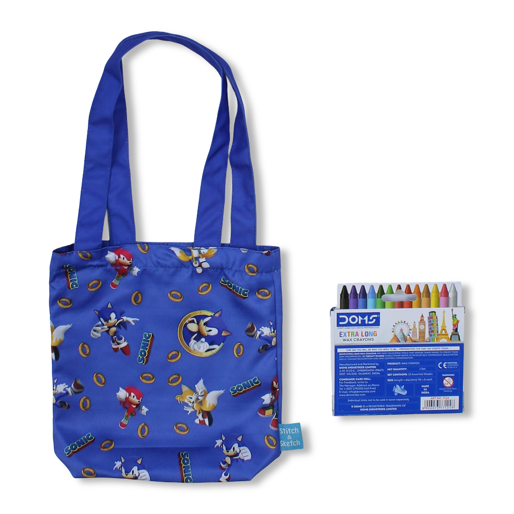 Sonic Small Coloring Tote Bag with Extra Long Wax Crayons 12 Colours + 1 Silver