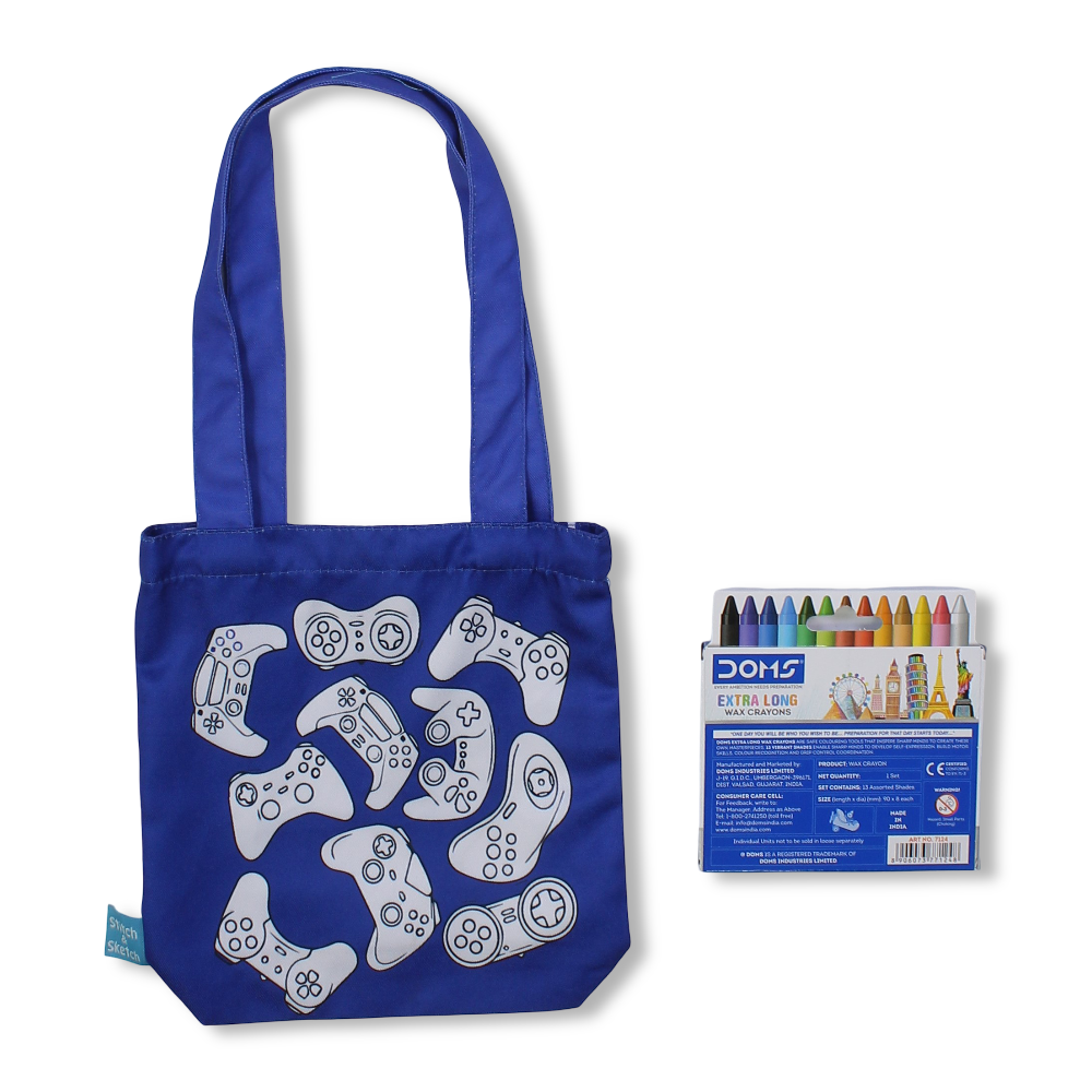 Gamer Small Coloring Tote Bag with Extra Long Wax Crayons 12 Colours + 1 Silver