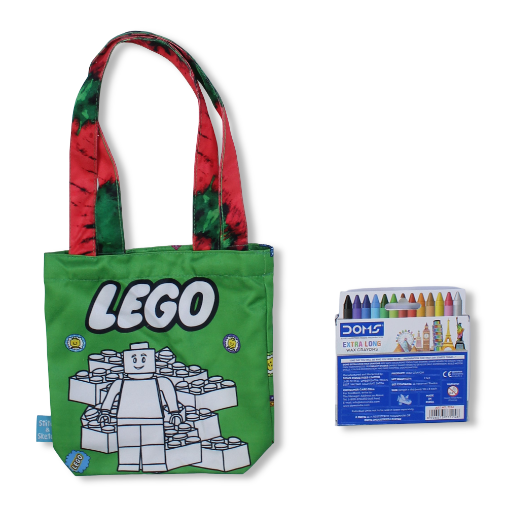 Lego Small Coloring Tote Bag with Extra Long Wax Crayons 12 Colours + 1 Silver