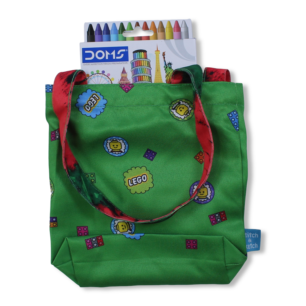 Lego Small Coloring Tote Bag with Extra Long Wax Crayons 12 Colours + 1 Silver