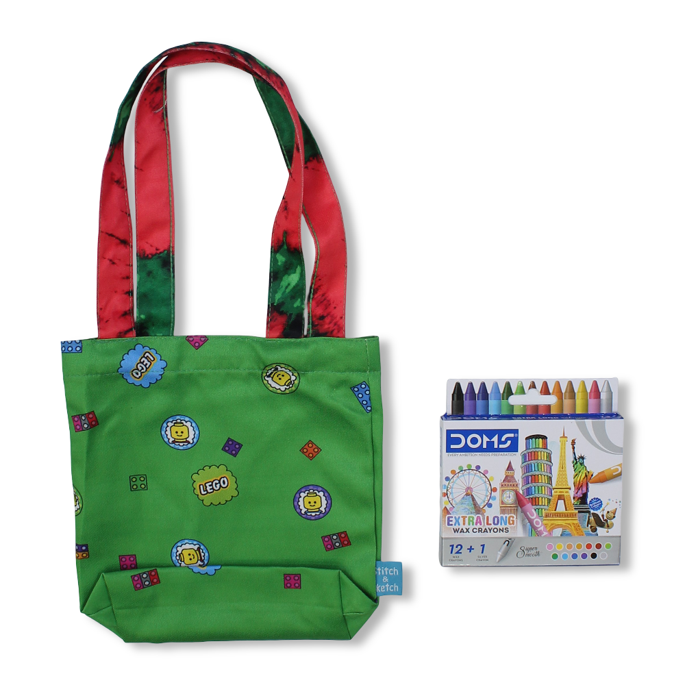 Lego Small Coloring Tote Bag with Extra Long Wax Crayons 12 Colours + 1 Silver
