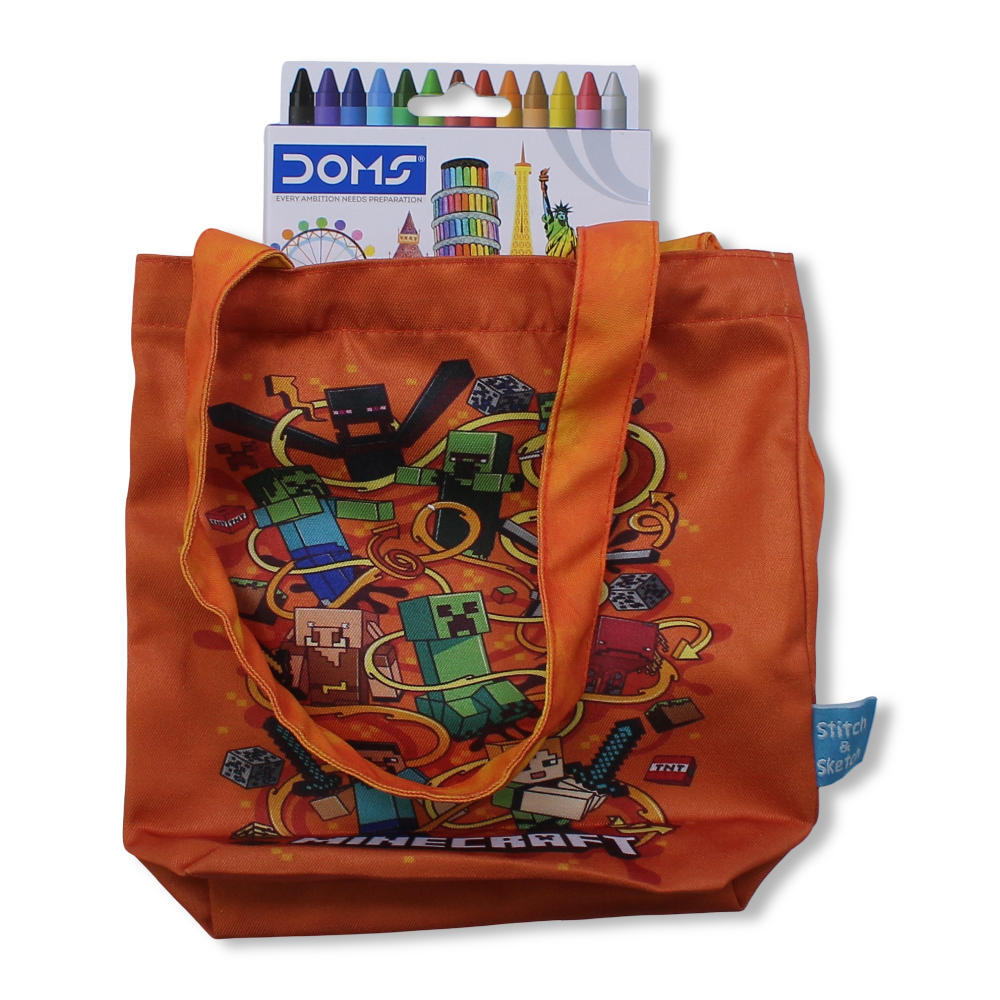 Minecraft Small Coloring Tote Bag with Extra Long Wax Crayons 12 Colours + 1 Silver