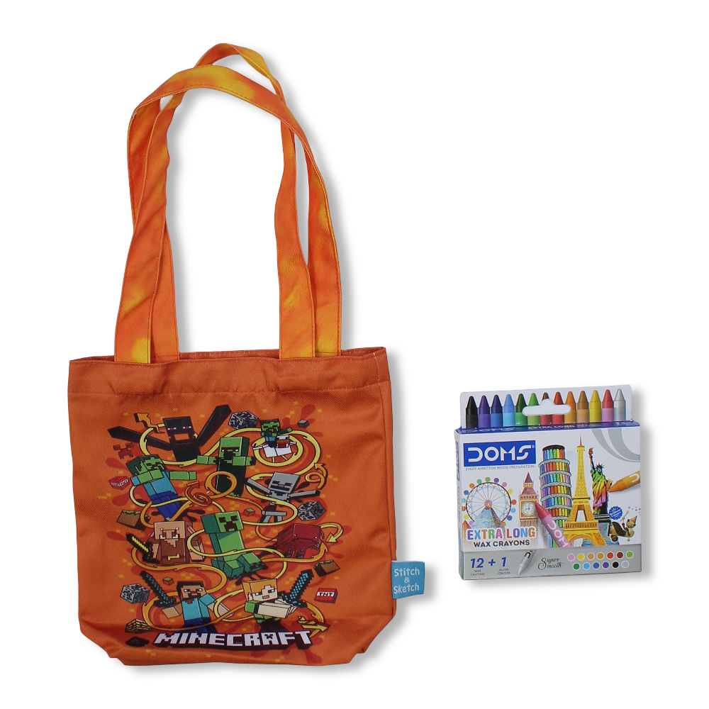 Minecraft Small Coloring Tote Bag with Extra Long Wax Crayons 12 Colours + 1 Silver
