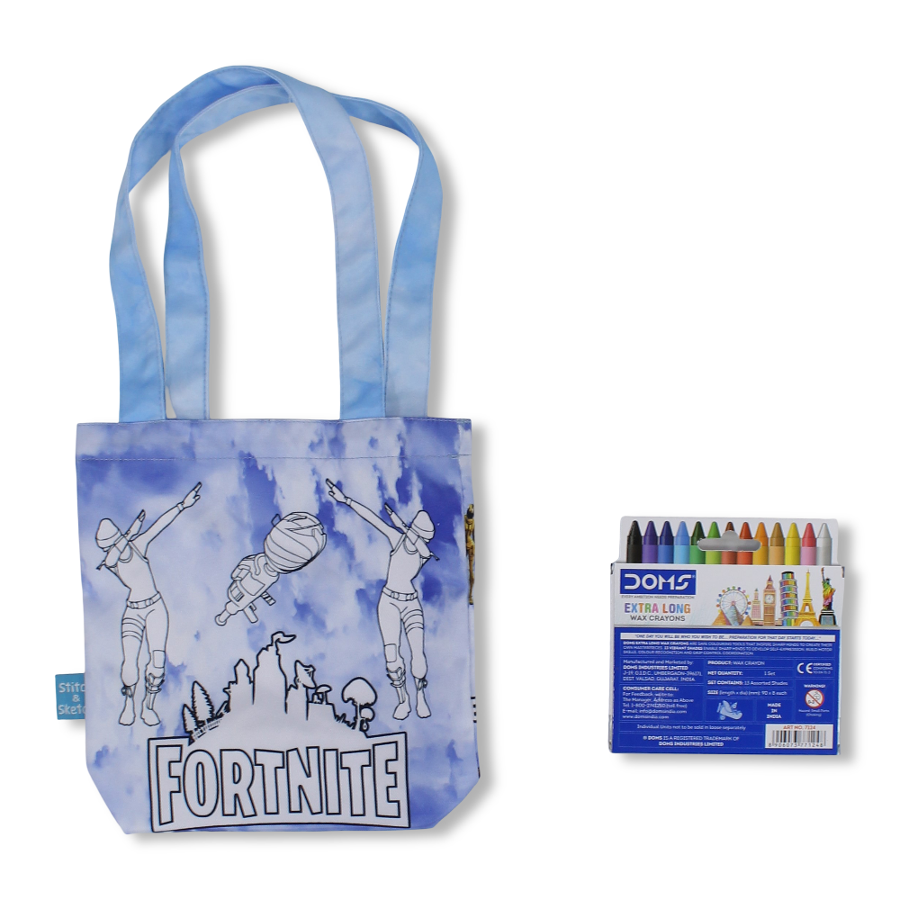 Fortnite Small Coloring Tote Bag with Extra Long Wax Crayons 12 Colours + 1 Silver - Stitch and Sketch