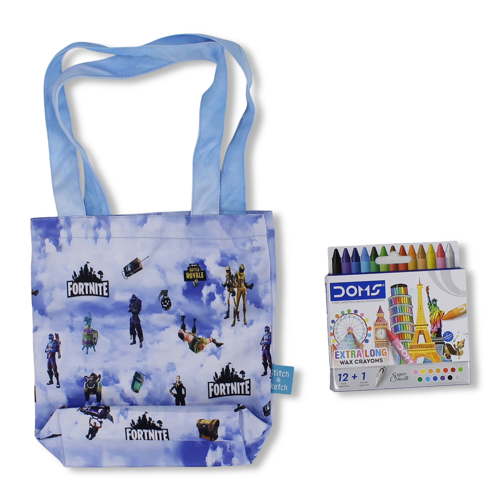Fortnite Small Coloring Tote Bag with Extra Long Wax Crayons 12 Colours + 1 Silver