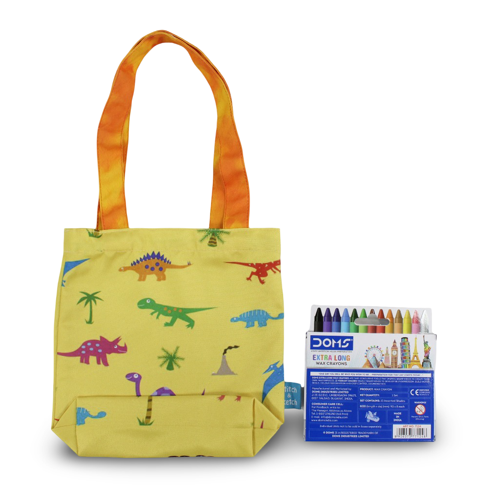 Dino Small Coloring Tote Bag with Extra Long Wax Crayons 12 Colours + 1 Silver
