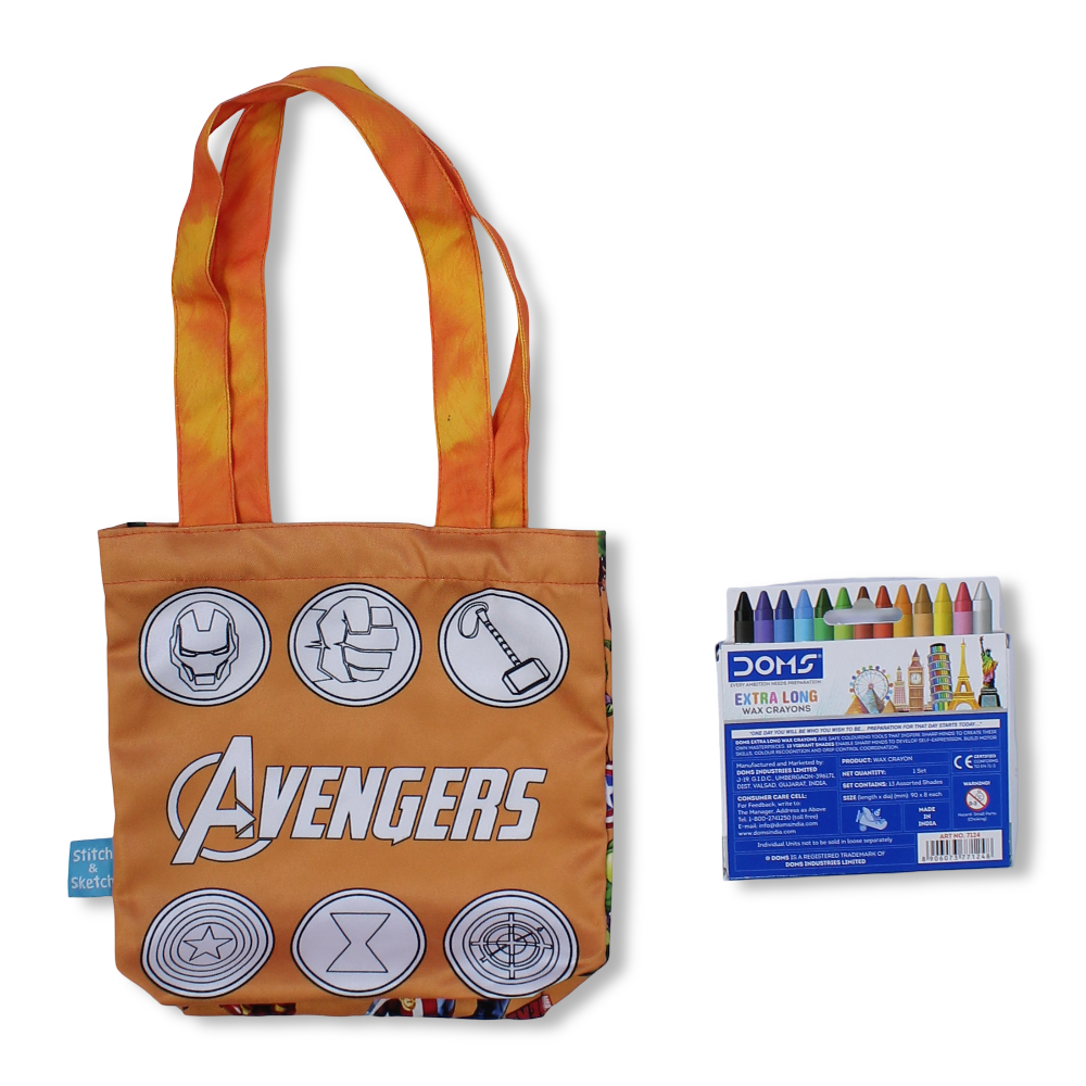 Avengers Small Coloring Tote Bag with Extra Long Wax Crayons 12 Colours + 1 Silver - Stitch and Sketch