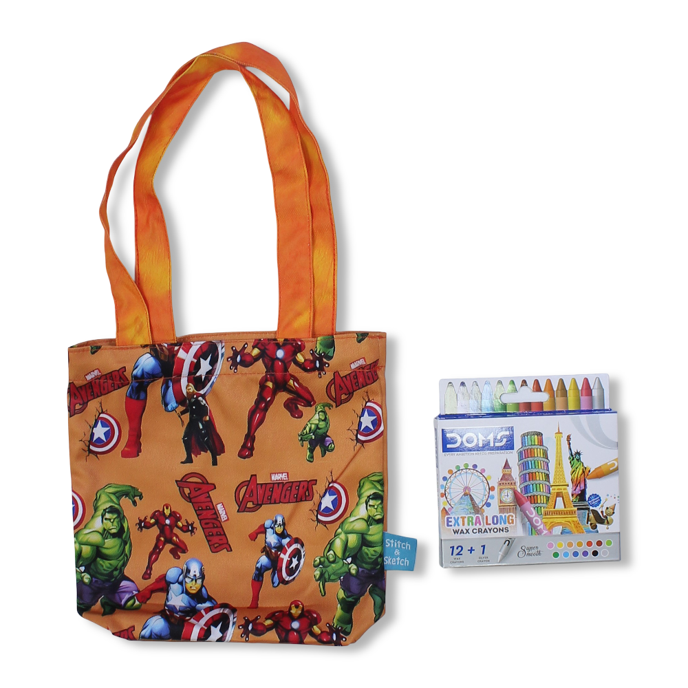 Avengers Small Coloring Tote Bag with Extra Long Wax Crayons 12 Colours + 1 Silver