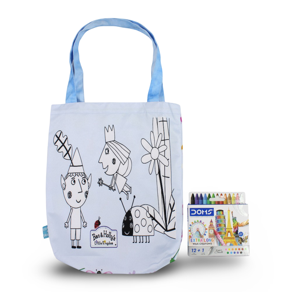 Ben & Holly Medium Coloring Tote Bag with Extra Long Wax Crayons 12 Colours + 1 Silver