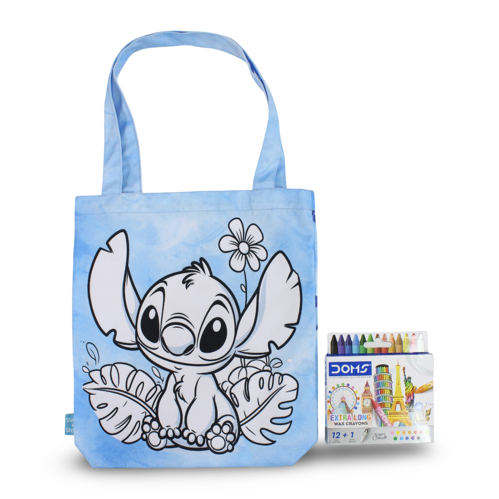 Stitch Medium Coloring Tote Bag with Extra Long Wax Crayons 12 Colours + 1 Silver